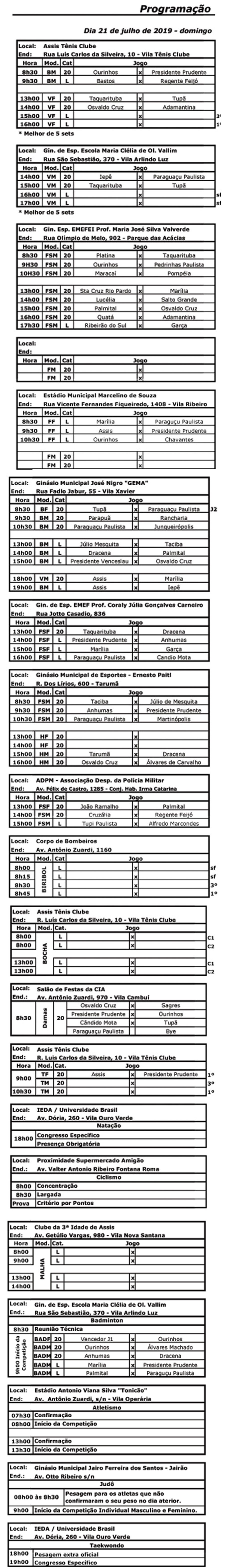 divulgação - Programação dos Jogos neste Domingo