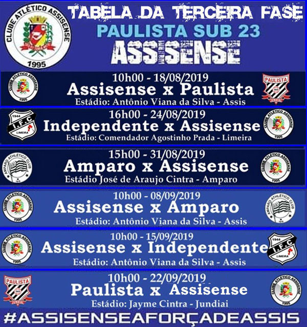 Divulgação - Tabela de jogos do Atlético Assisense nesta etapa do Paulista Sub 23