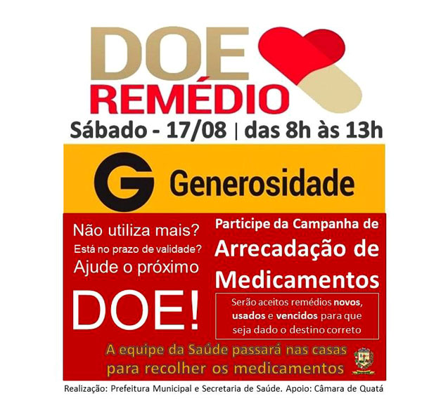 Divulgação - Quatá realiza campanha de arrecadação de medicamentos neste sábado