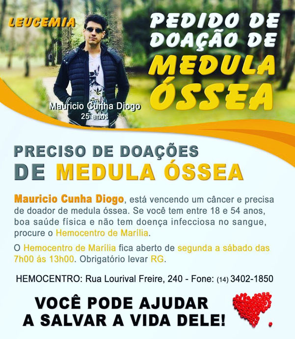 Divulgação - Ajude, pois as chances são de uma em 100 mil quando não há compatibilidade com pessoas da família Divulgação - Ajude, pois as chances são de uma em 100 mil quando não há compatibilidade com pessoas da família