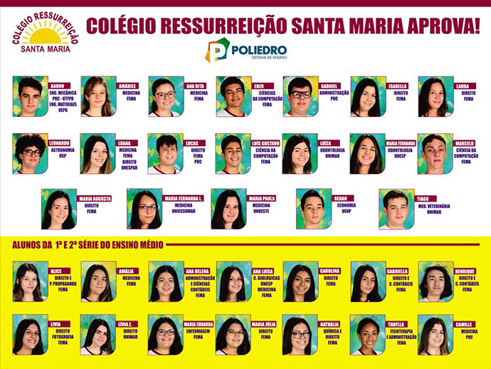 Divulgação - Alunos do Colégio Ressurreição Santa Maria foram aprovados em inúmeras universidades públicas e privadas Divulgação - Alunos do Colégio Ressurreição Santa Maria foram aprovados em inúmeras universidades públicas e privadas