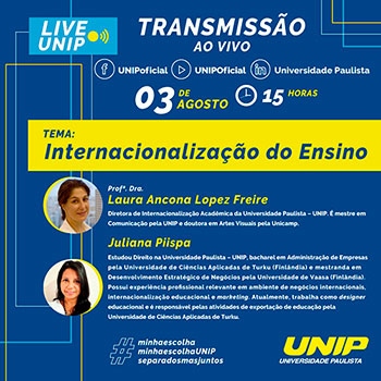 Divulgação - 'Internacionalização do Ensino' e 'A biodiversidade brasileira sob a óptica da ciência' são temas de live da UNIP Divulgação - 'Internacionalização do Ensino' e 'A biodiversidade brasileira sob a óptica da ciência' são temas de live da UNIP