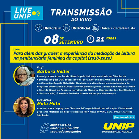 Divulgação - Live da UNIP traz tema sobre remissão de pena por leitura e os impactos da pandemia na saúde mental Divulgação - Live da UNIP traz tema sobre remissão de pena por leitura e os impactos da pandemia na saúde mental