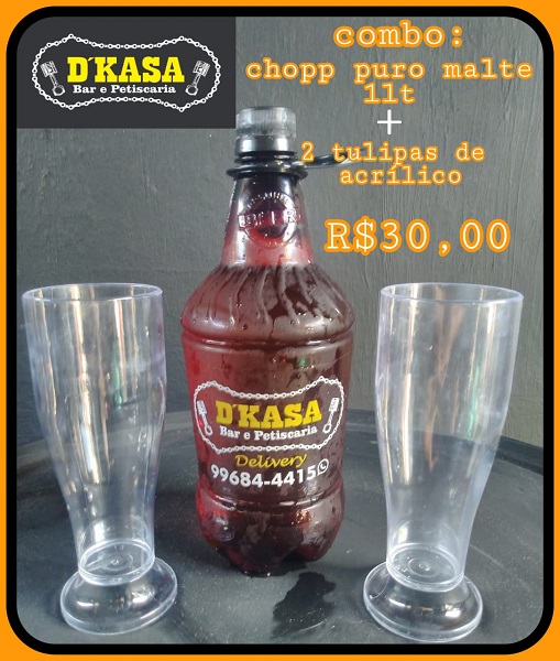 Chopp artesanal vai envasado em garrafas personalizadas da D'Kasa, e ainda acompanham duas tulipas de acrílico Chopp artesanal vai envasado em garrafas personalizadas da D'Kasa, e ainda acompanham duas tulipas de acrílico