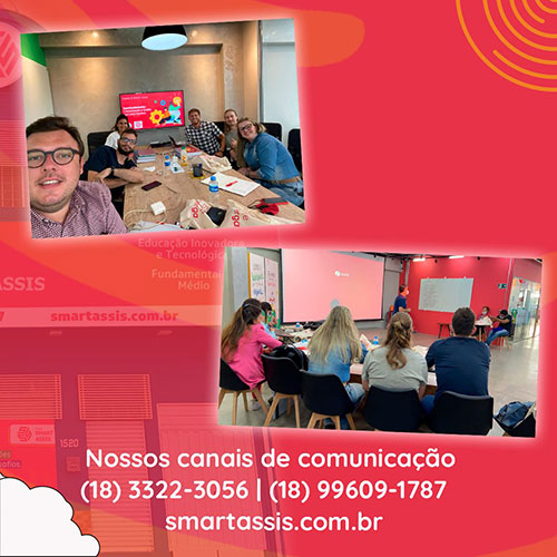 divulgação - Na foto, os professores Leandro e Helijone, Fernanda, Rodolfo e Bianca, parte do time do Colégio Smart Assis, junto da equipe da Geekie One Educação. Dias intensos de imersão e capacitação.