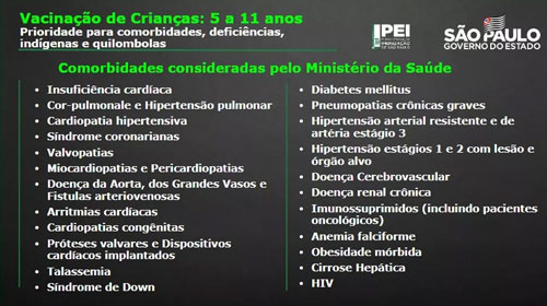Divulgação - Lista de comorbidades para crianças que terão prioridade de vacinação em São Paulo. — Foto: Divulgação/Governo de SP Divulgação - Lista de comorbidades para crianças que terão prioridade de vacinação em São Paulo. — Foto: Divulgação/Governo de SP