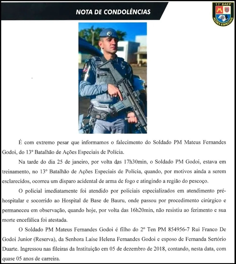 Divulgação - Morre policial militar atingido por tiro no pescoço durante treinamento em Bauru — Foto: Polícia Militar/Divulgação Divulgação - Morre policial militar atingido por tiro no pescoço durante treinamento em Bauru — Foto: Polícia Militar/Divulgação